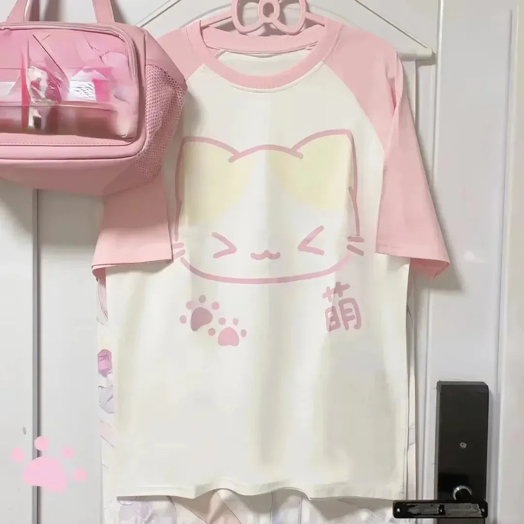 Aesthetics Japanese Grunge T-shirt Y2k Harajuku Anime Cartoon Cat Tops