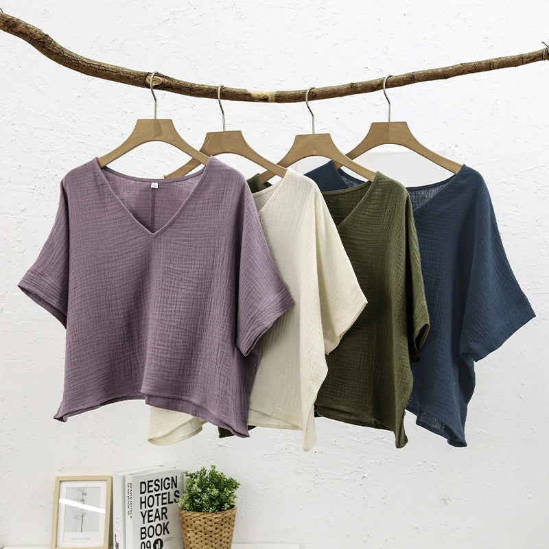 Muslin 100% Cotton Short Sleeve Tee Sexy V-Neck Oversized T-Shirt
