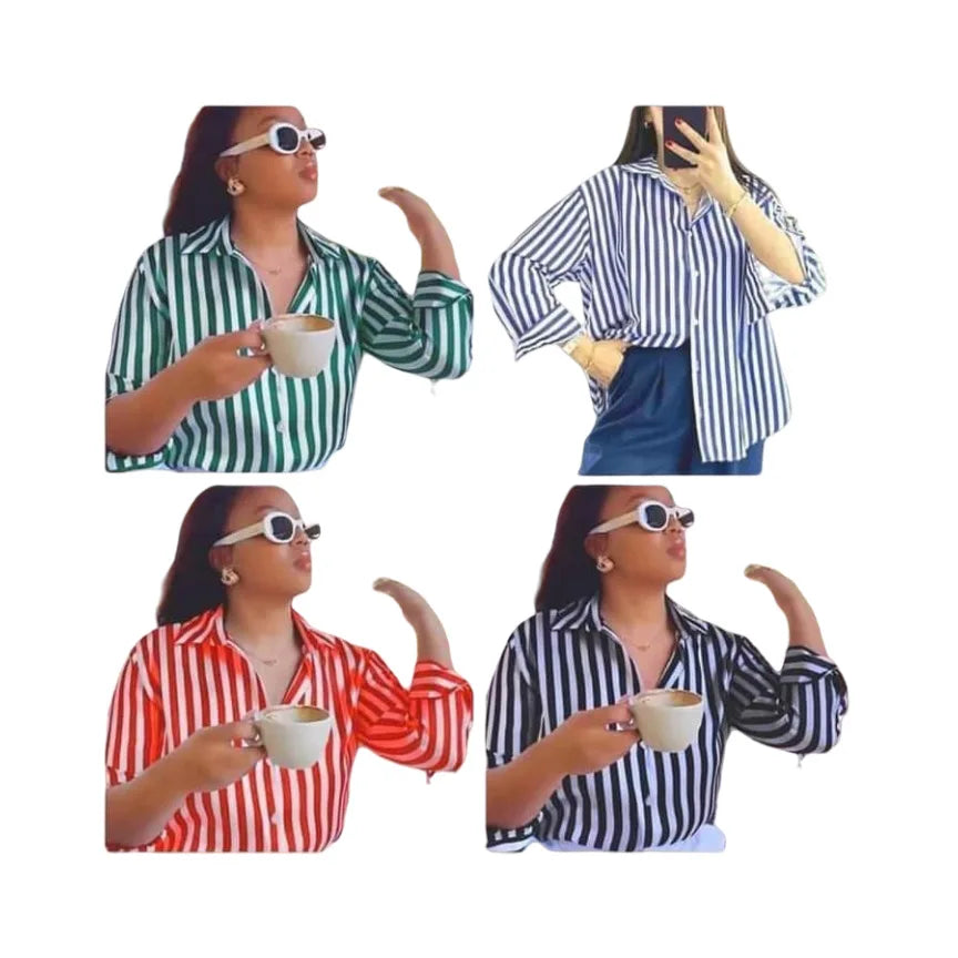 Striped Button Down Shirt Women's Loose Fit Turn Down Collar Casual