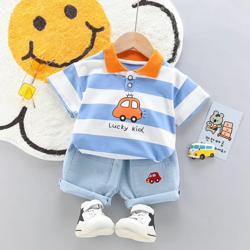 High-Quality Baby boys Polo Shirt + Handsome Denim Shorts 2-Piece Set