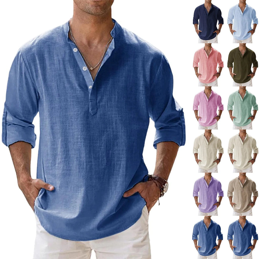 Men's cotton and linen stand-up collar Henley shirt loose-fitting