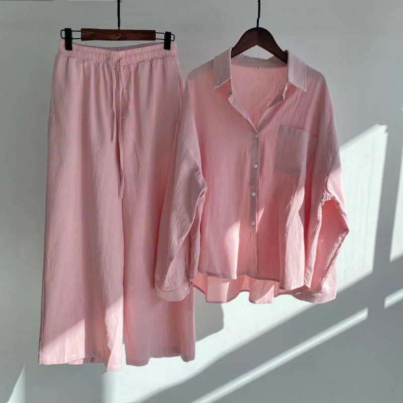 Large Size Two-piece Suit Women Cotton Linen Sets Long-sleeved Blouse