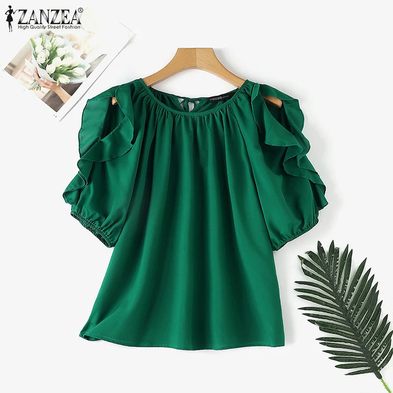 ZANZEA Women Cold Off Shoulder Blouse Fashion Ruffle Half Sleeve Tops