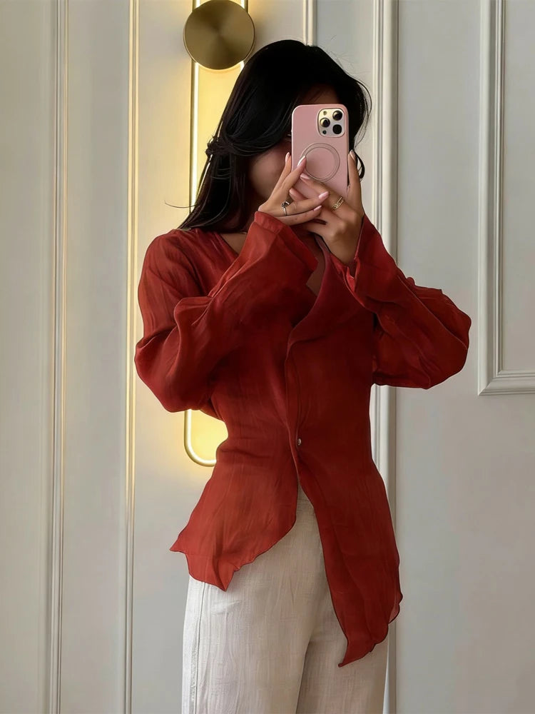 Casual Solid Linen-cotton Shirt Women Chic V-neck Single Breasted