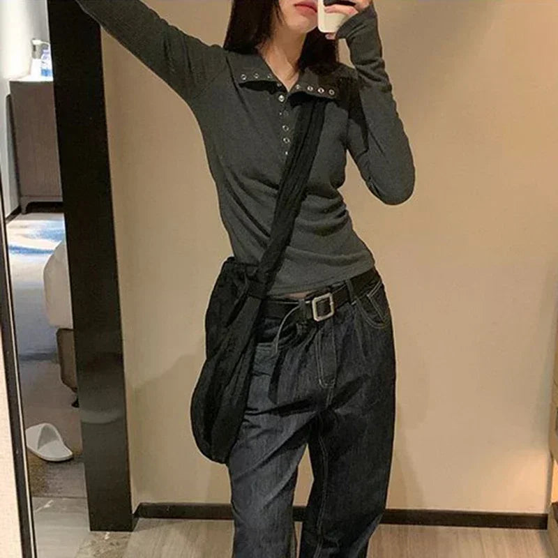 Y2K High Street Women Sweaters New Gray White Button Up Bottoming