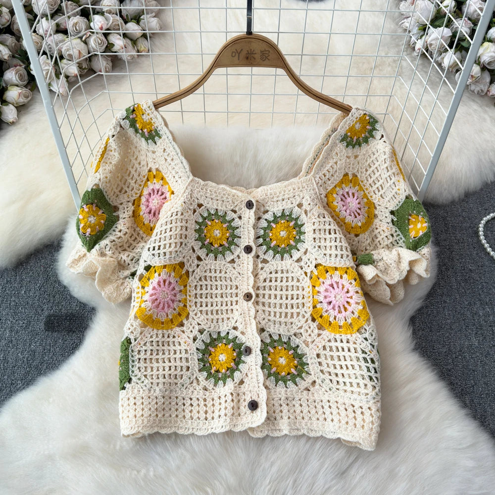 Square Neck Button-up Crochet Top Short Sleeve Granny Square Open-knit