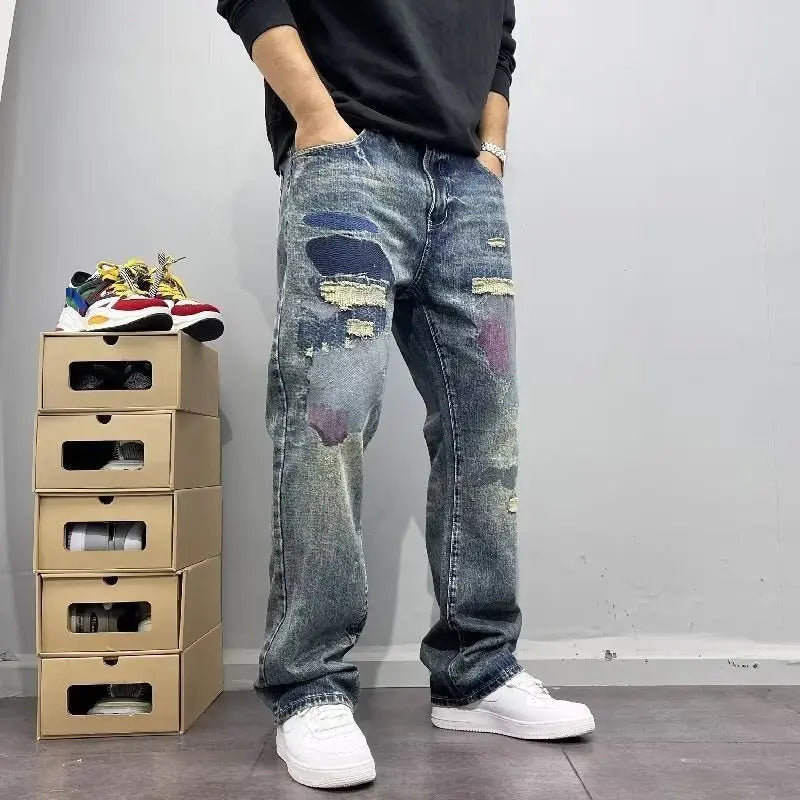 Korean Retro Ripped Jeans Embroidered Slim Fit Men'S Straight Leg