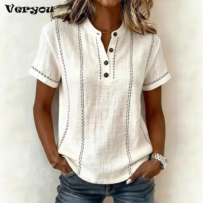 Elegant Women Blouse Shirt V Neck Button Patchwork Short Sleeve Shirts
