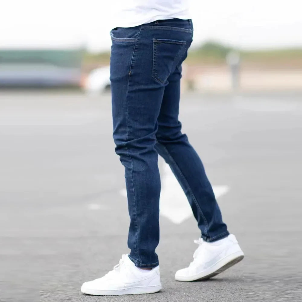 Spring Mens Black Blue Pants Pure Color Stretch Jeans Street Casual