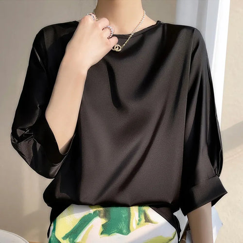 2023 New In Summer Satin Silk Half-Sleeve Tee Tops Basic Solid Women‘s