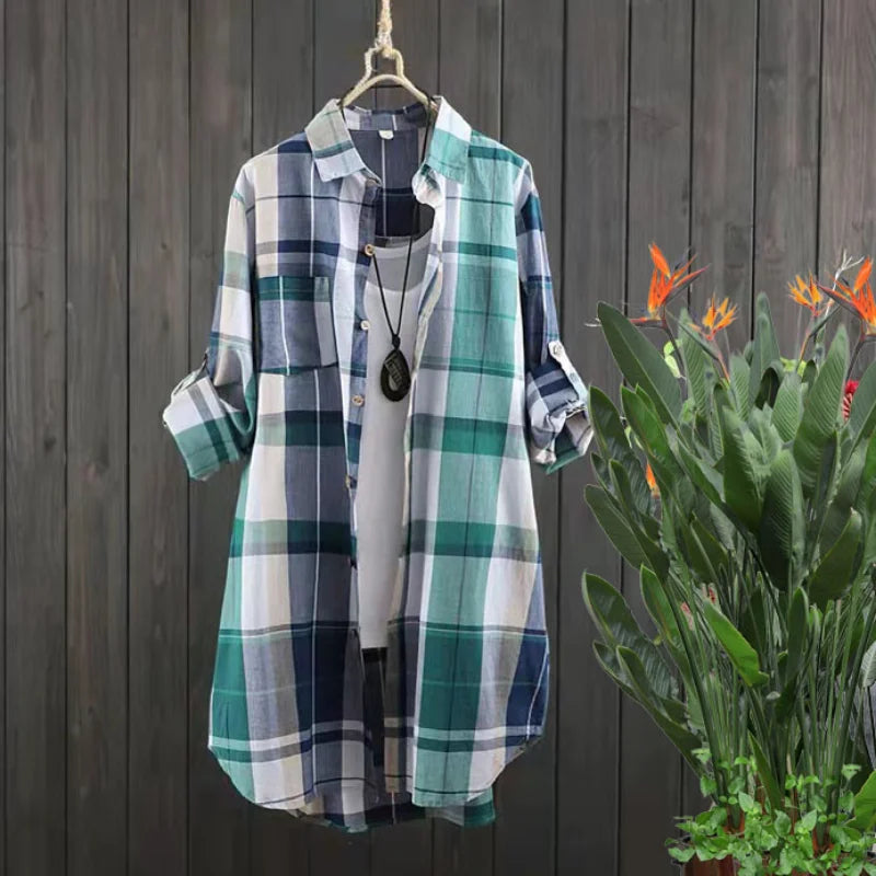 Plaid Cotton Mid Length Blouses Women 2023 Autumn  Long Sleeve Elegant