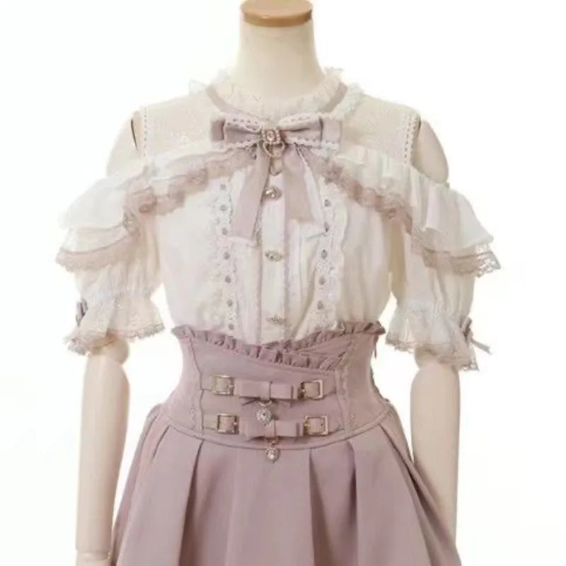 Summer Japanese Sweet Lolita Blouses Women Elegant Love Heart Bow Off