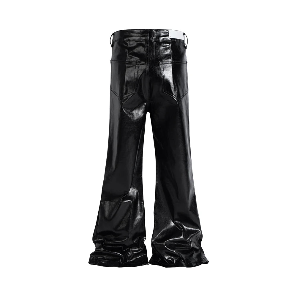 High Street Wide Leg Glossy Pu Leather Pants Sashes Boot Cut Men and