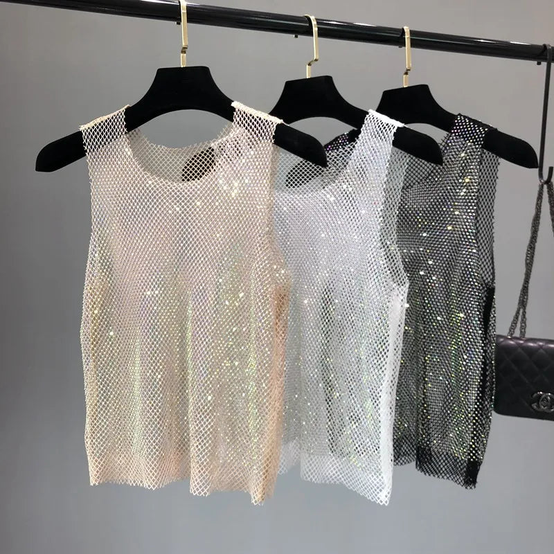 Crystal Beading Shiny Tanks Party Club Sexy Hollow Out Diamonds
