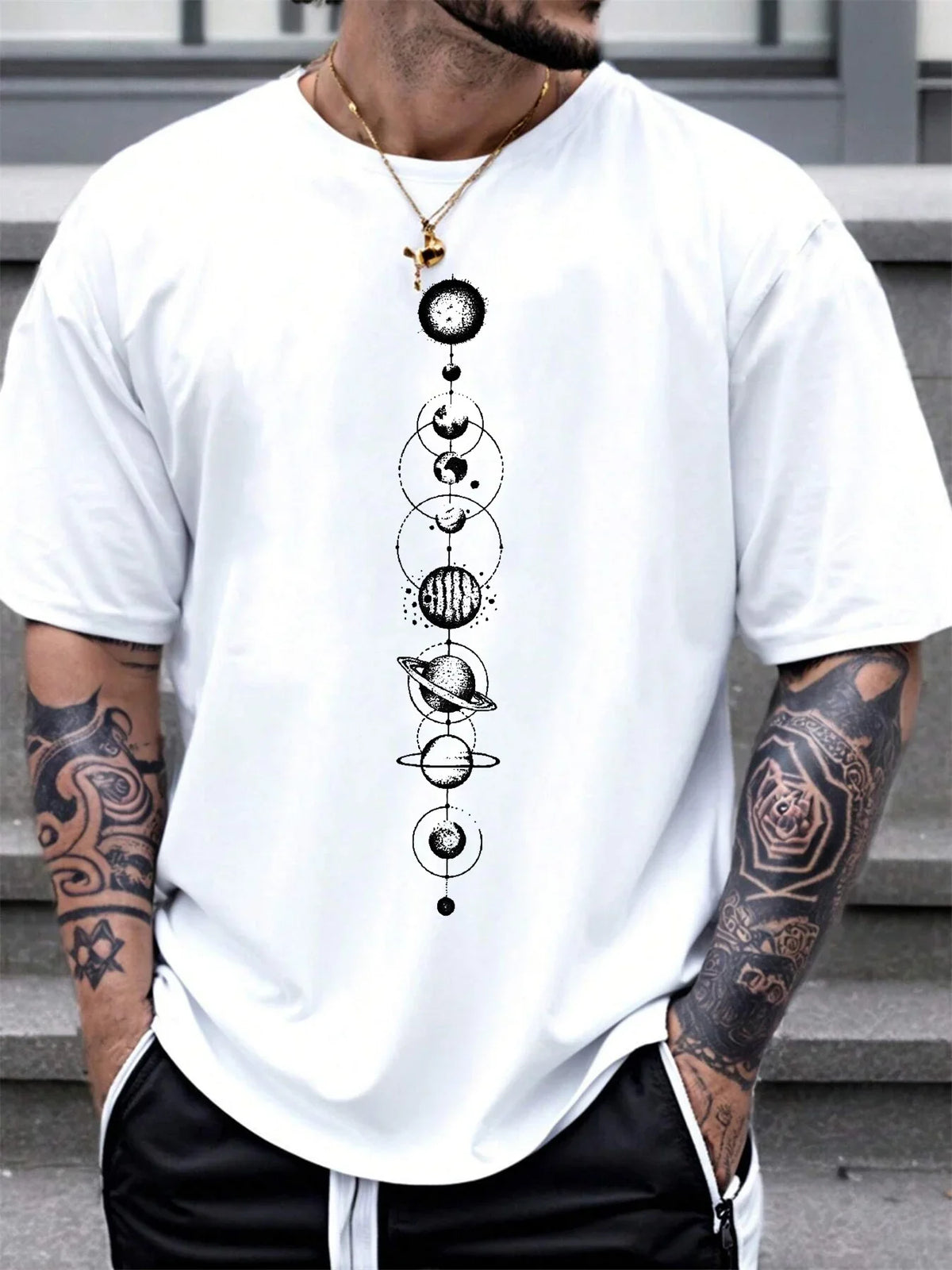 Space Planet Print Round-neck Men Women Pure Cotton Short Sleeve