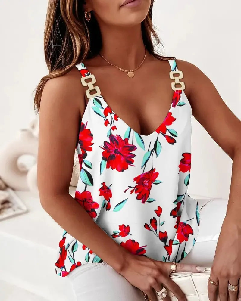 Women's Striped Sleeveless Tank Top V Neck Cami With Chain Shoulder