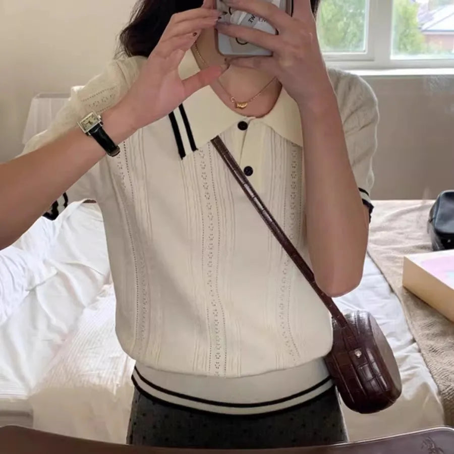 Short Sleeve Knit Polo Sweater Pointelle Cable Knit Crop Tops Shirts