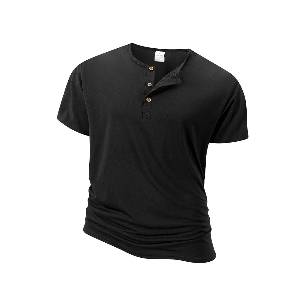 Summer Men's Short-sleeve Henley NeckT-shirt Solid Color Male Tops