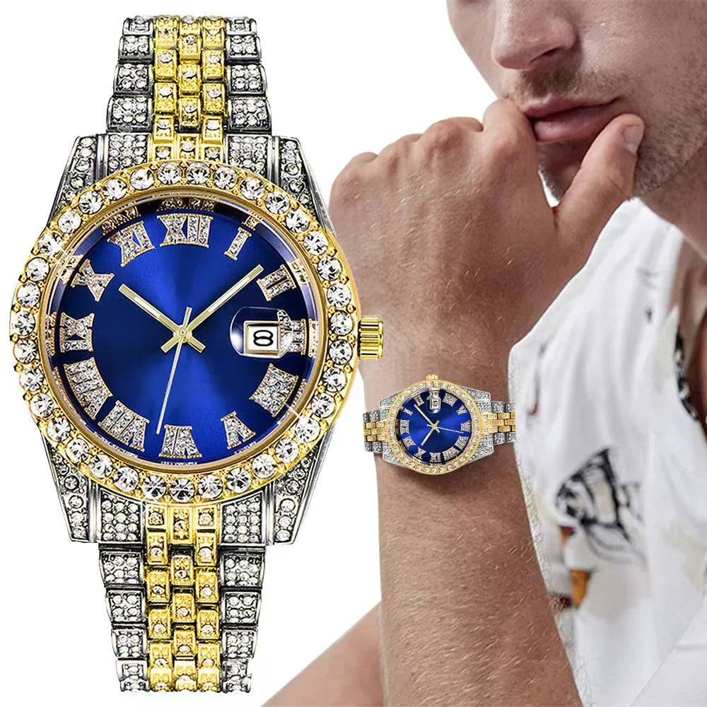 Luxury Hip Hop Stainless Steel Gold Color Calendar Watch For Men Iced