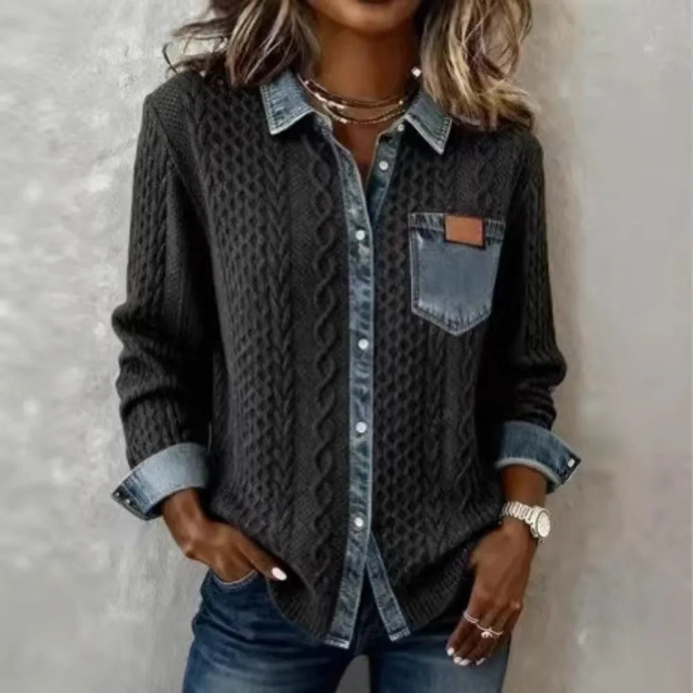 Women knit Denim Shirt Coat Overshirt Vintage Blouse Single Breasted