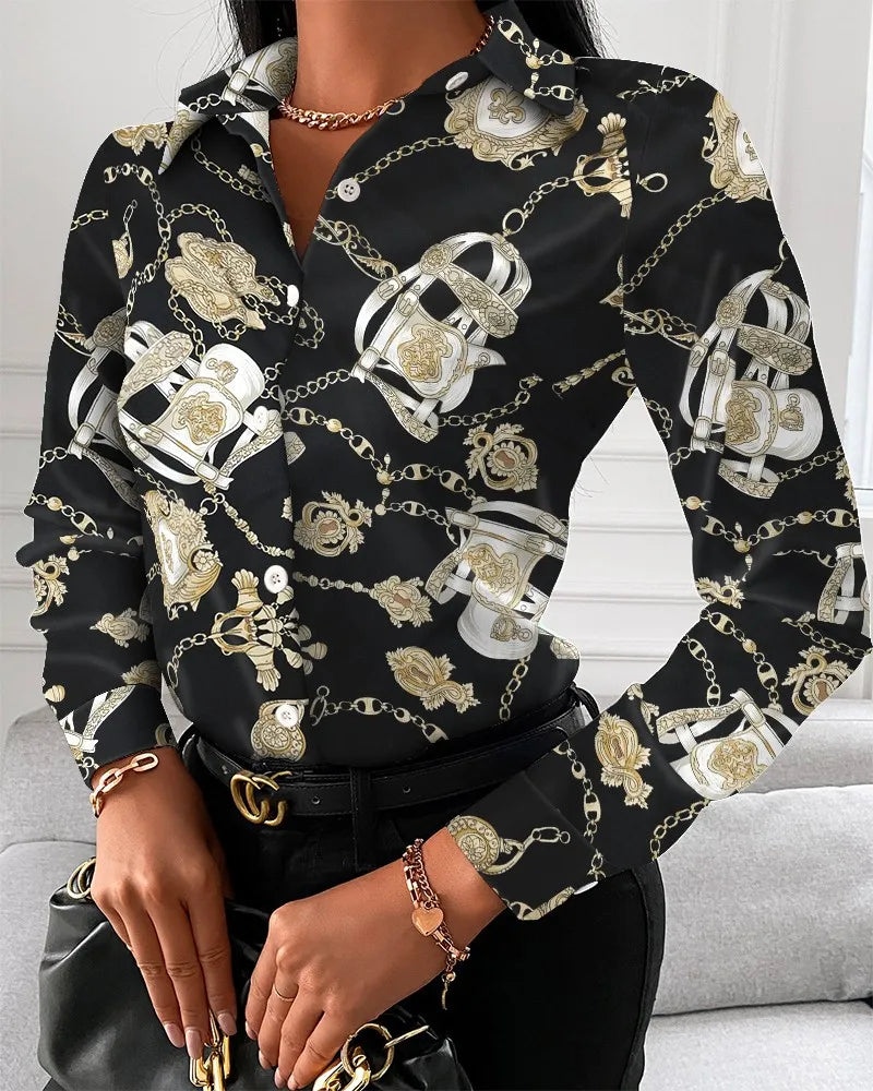 Women Fashion Wild Shirts Chain/Floral/Letter/Geometric Square Print