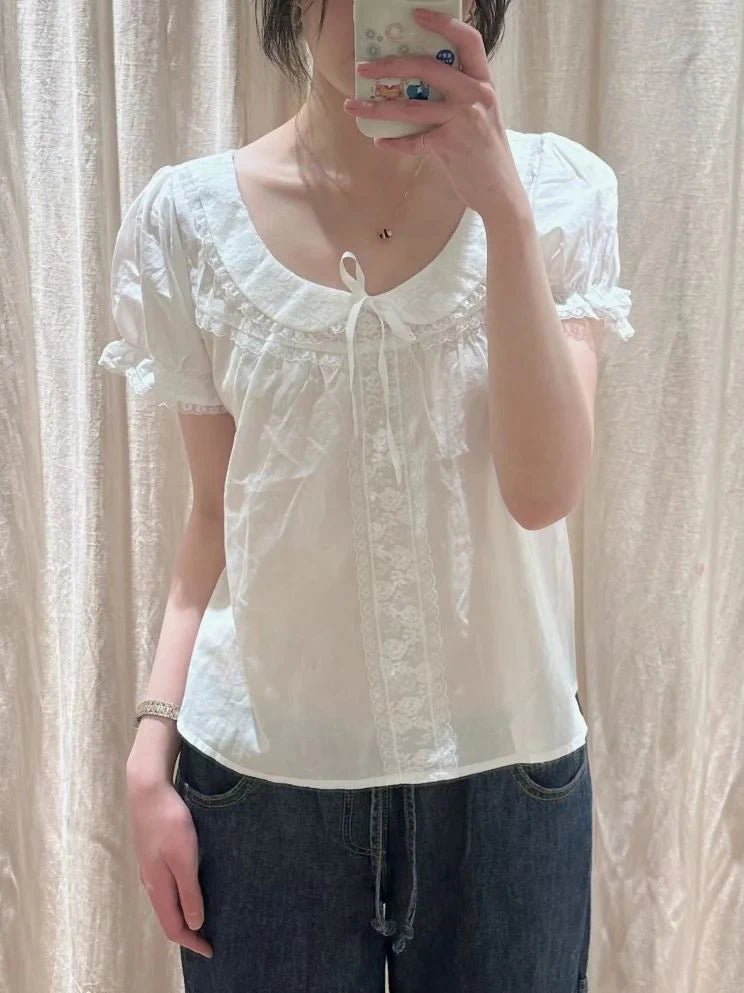 Lace Patchwork Thin T-shirt Blouse Woman Summer Bow Peter pan Collar
