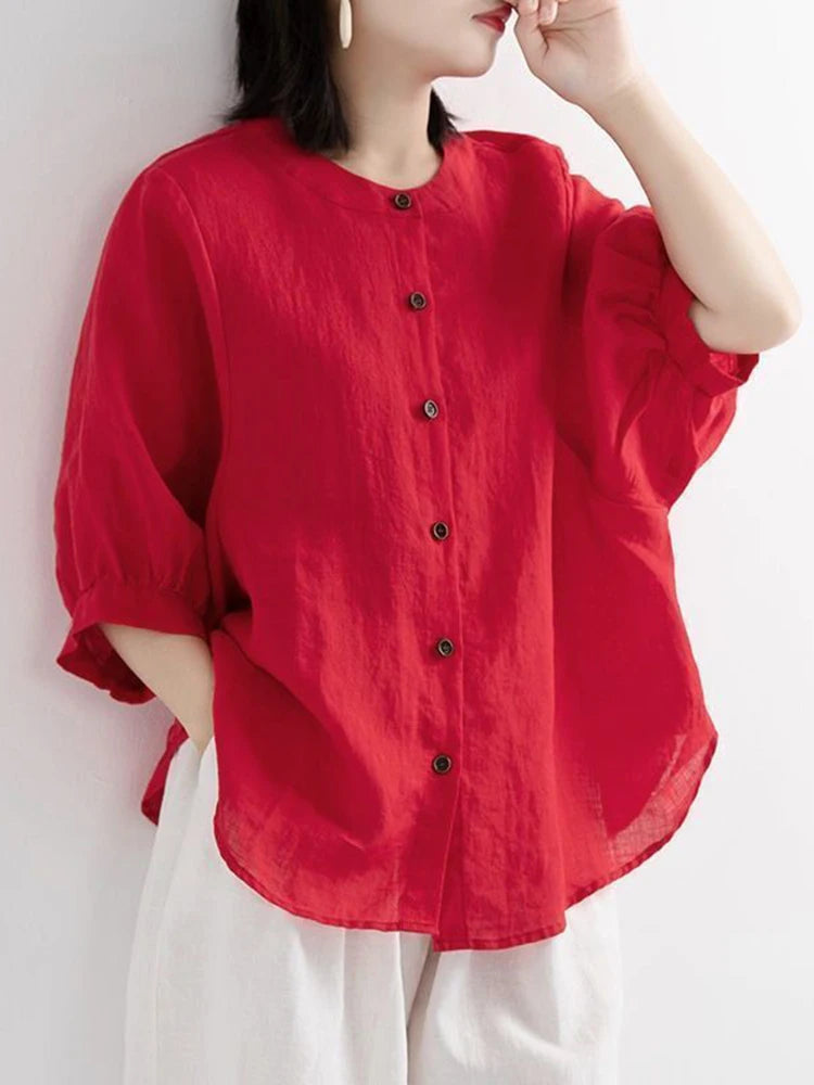 ZOKI Casual Cotton Linen Shirts Oversize Summer Lantern Half Sleeve