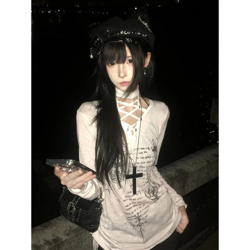Seeslim Chic Print Graphic T Shirts Woman Lace Up Youthful 2000s