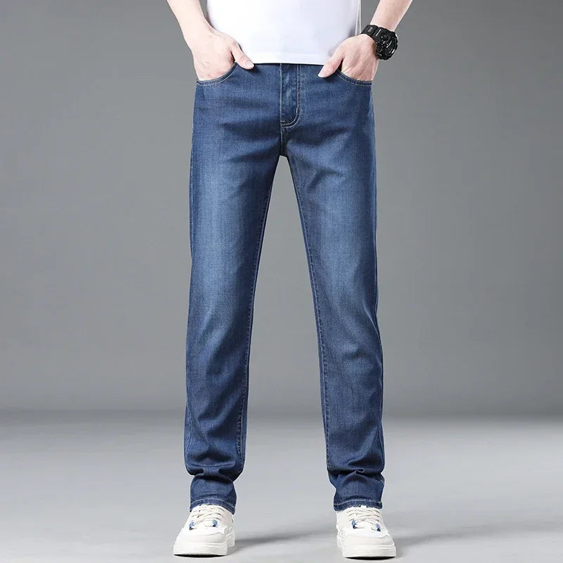 Men's Summer Thin Lyocell Jeans Soft Stretch Slim Straight Leg Denim
