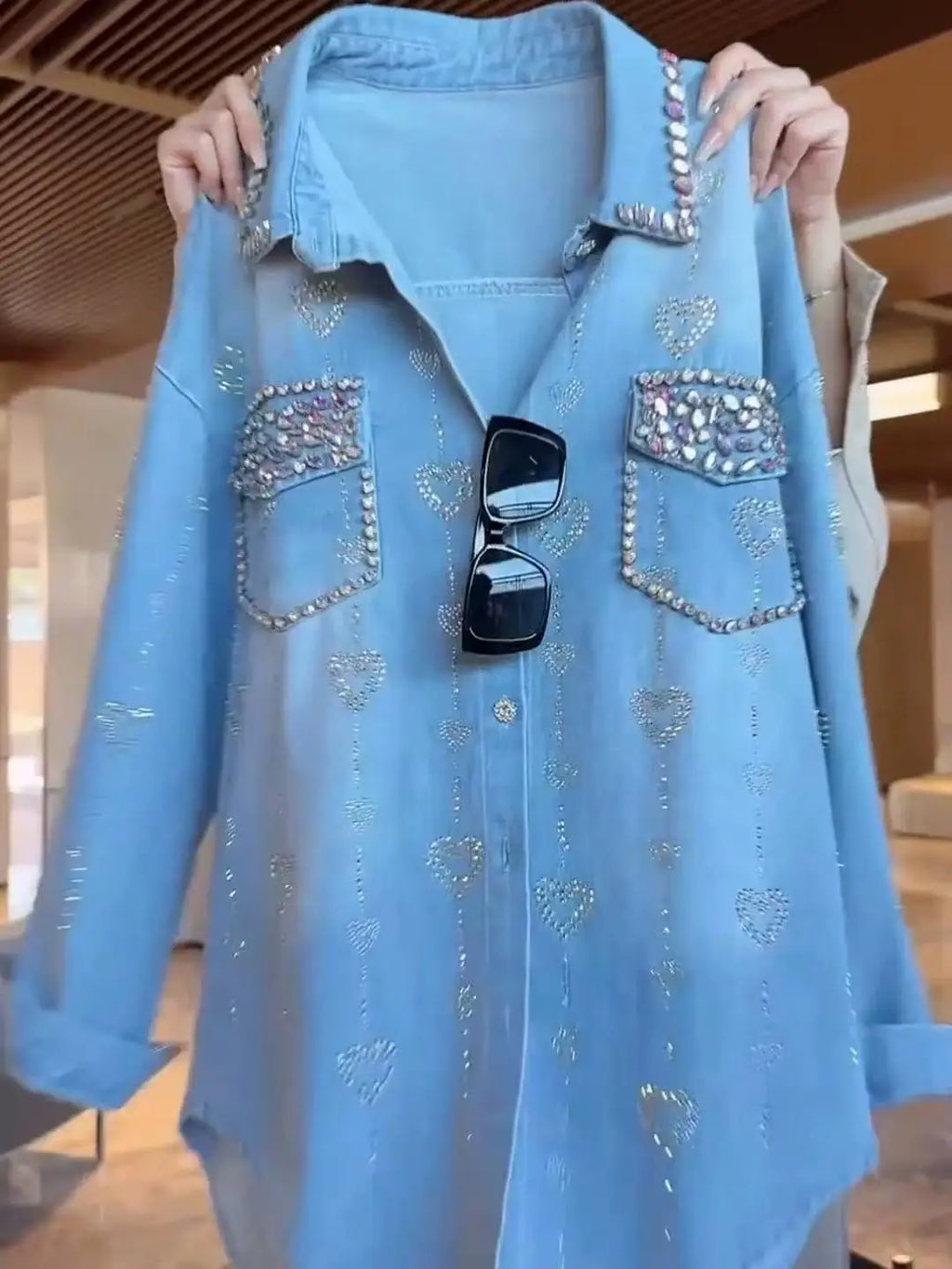 New In 2025 Autumn Trend Fashionable Diamonds Denim Shirts and Blouses