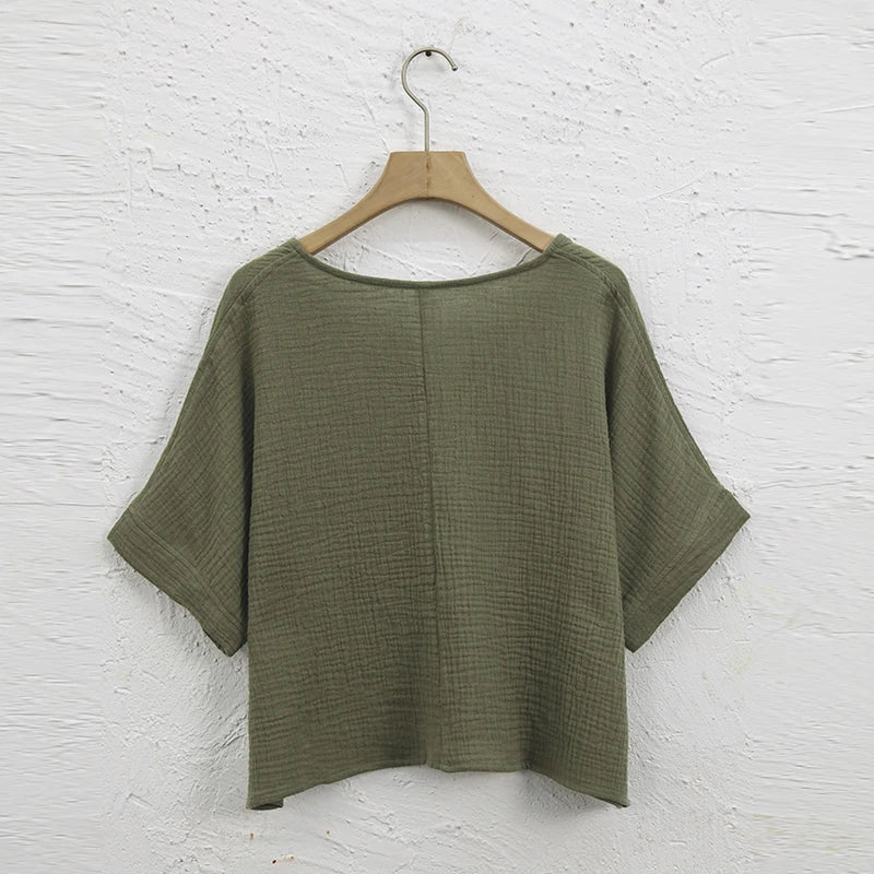 Muslin 100% Cotton Short Sleeve Tee Sexy V-Neck Oversized T-Shirt