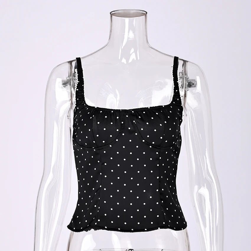 Linad Sexy Backless Polka Dot Tank Top Elegant Satin Spaghetti Strap