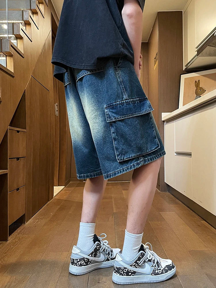 Summer Men's Cargo Denim Shorts Baggy Straight Fashion Casual Wide Leg