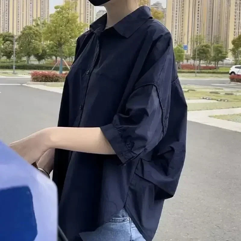 Women Blouses Elegant Streetwear Office Casual Loose Button Up White