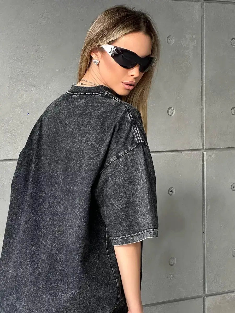 Summer Cotton Washed T-shirt for Women Men Loose O-Neck Oversized Tee