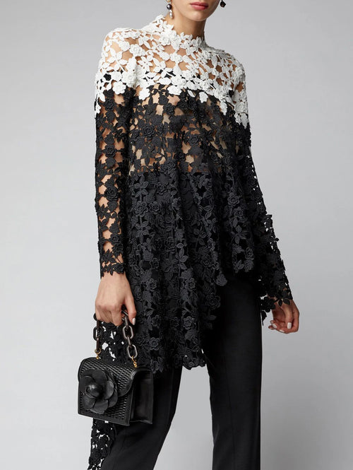 Asymmetrical Top Women Lace Hollow Out Shirt Long Sleeve Irregular