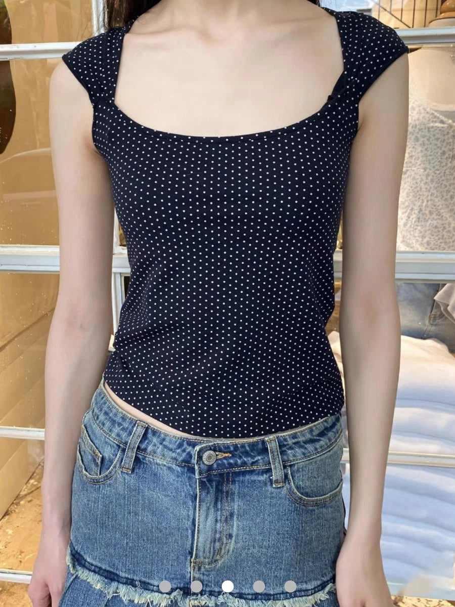 Dot Sleeveless Black Slim T-shirt Woman Summer Sexy Square Collar