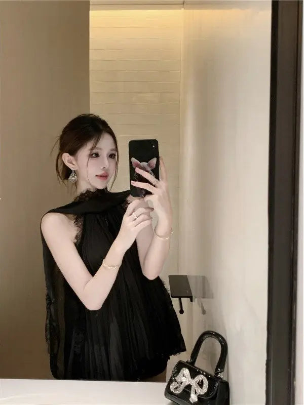 Chiffon Shirt Lace Patchwork Ribbon Hanging Neck Top Women 2025 Summer