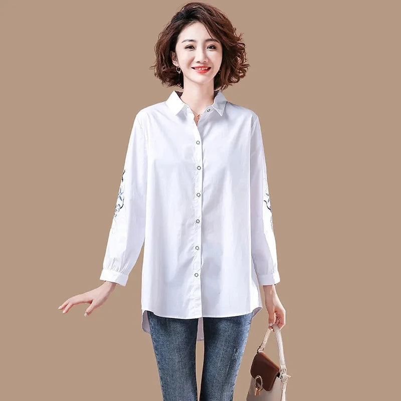 Vintage Embroidery White Simple Cotton Button Up Shirt Comfortable