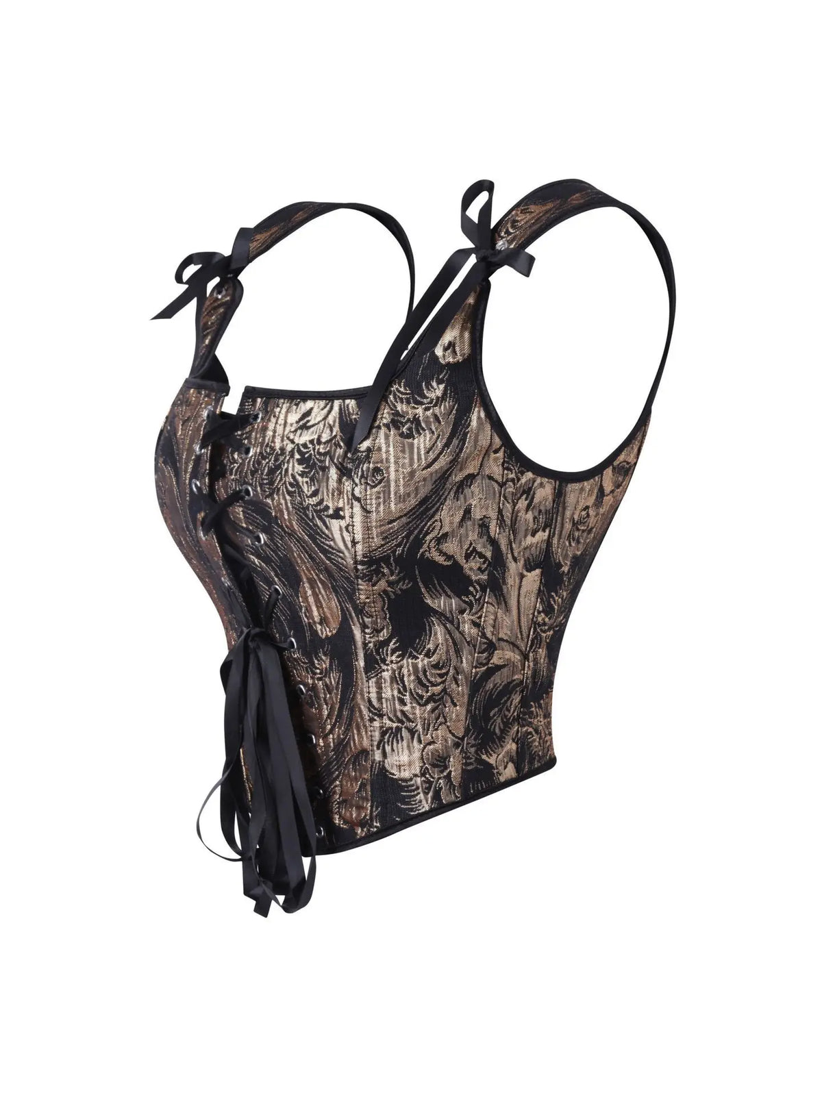 Women's Bow Tie Strap Jacquard Corset Top Front Lace Up Square Neck