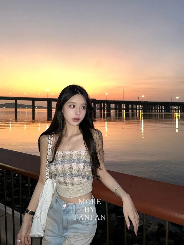 Sexy  Camis Plaid Chic  tube top Slim Korean Tanks Top Sleeveless