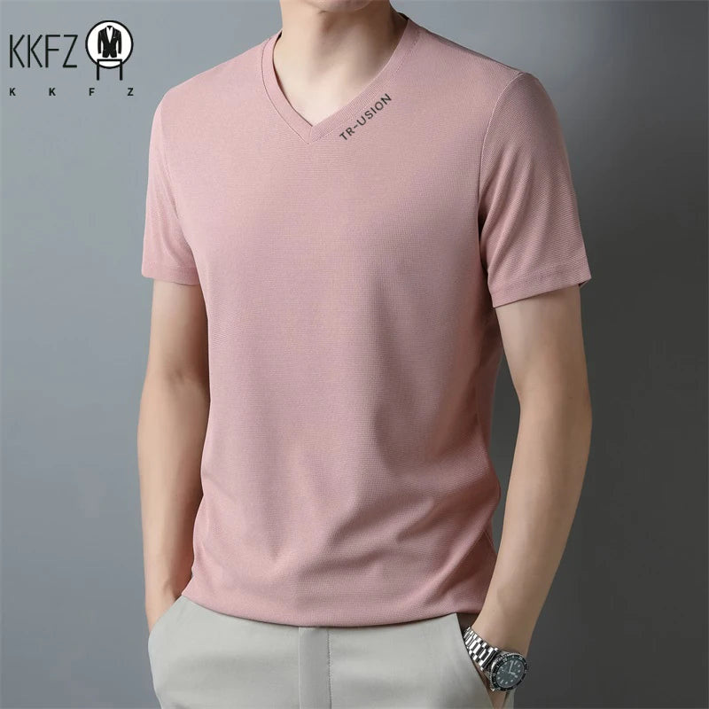 New Men's Casual and Fashionable V-neck Solid Color Short Sleeved