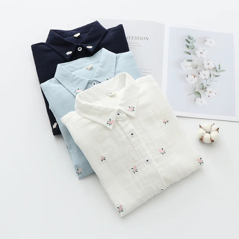 2026 Spring Autumn New Fresh Cotton Yarn Ladies Long Sleeve Shirt