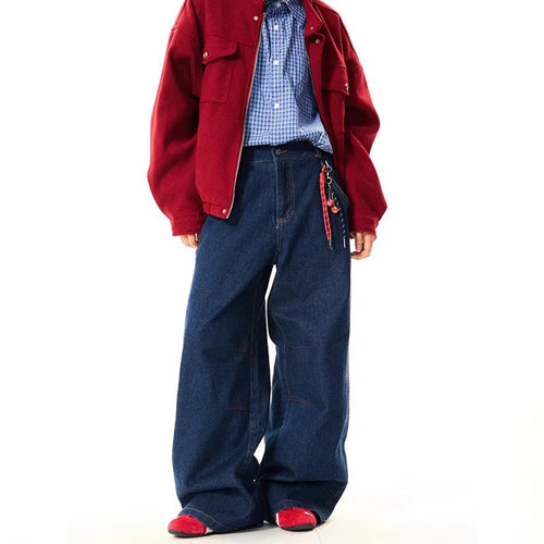 New Korean Retro Blue Straight Leg Jeans Casual Loose Wide Leg Pants