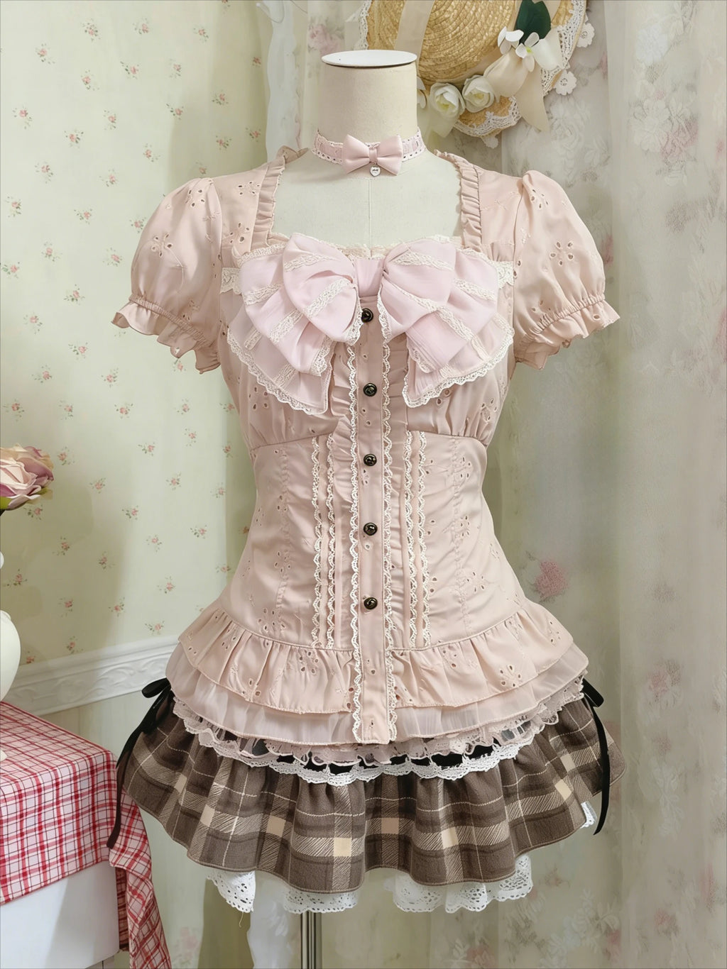 Japanese Sweet Three Piece Set Women Lace Bow Blouse + Cami Top +