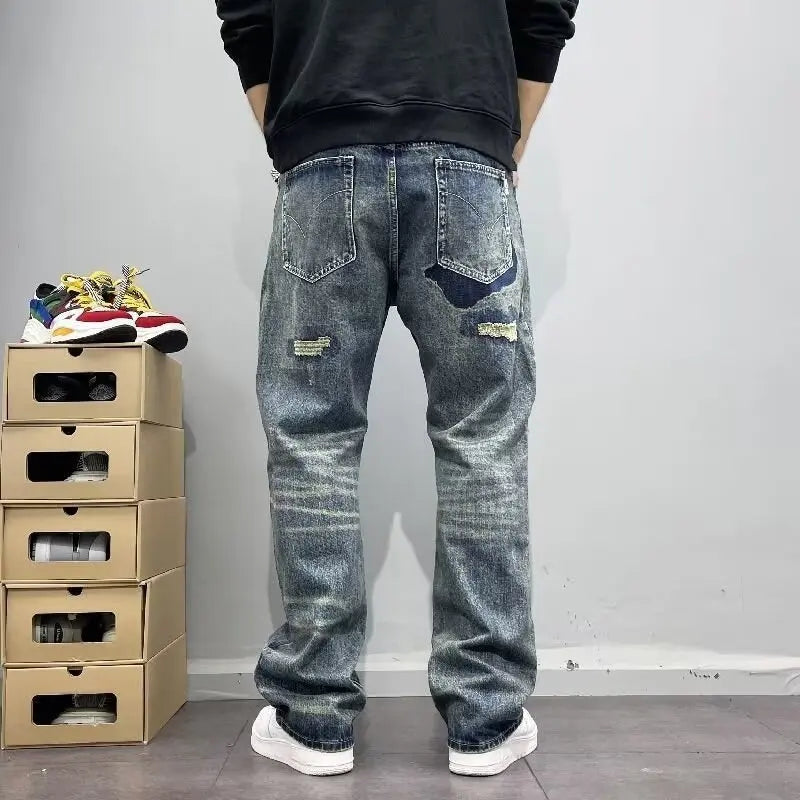 Korean Retro Ripped Jeans Embroidered Slim Fit Men'S Straight Leg