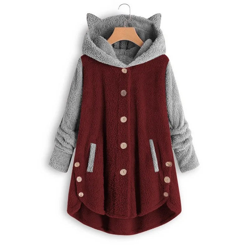 Cat Print Long Hoodies Sweatshirt Women Fleece Warm Button Pocket