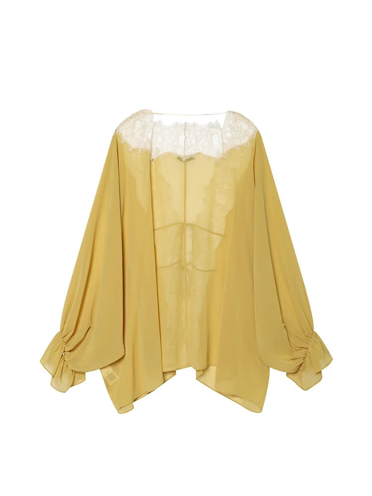 TFMLN Women Lace Patchwork Lantern Long Sleeve Shirt Top Tie-up Loose