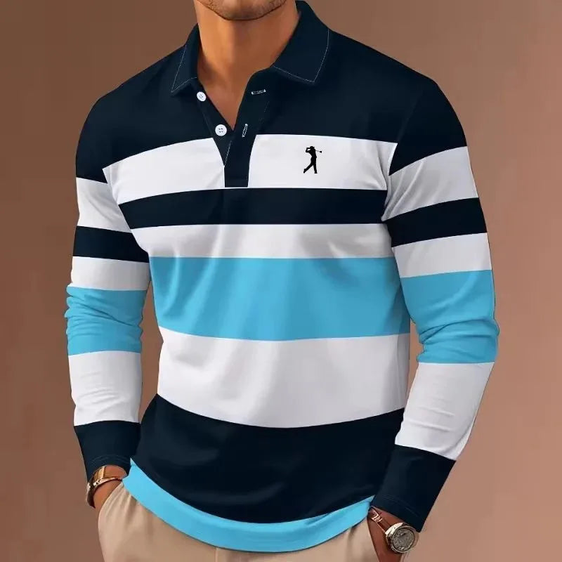 Men's striped rugby polo long-sleeved collar shirt casual school