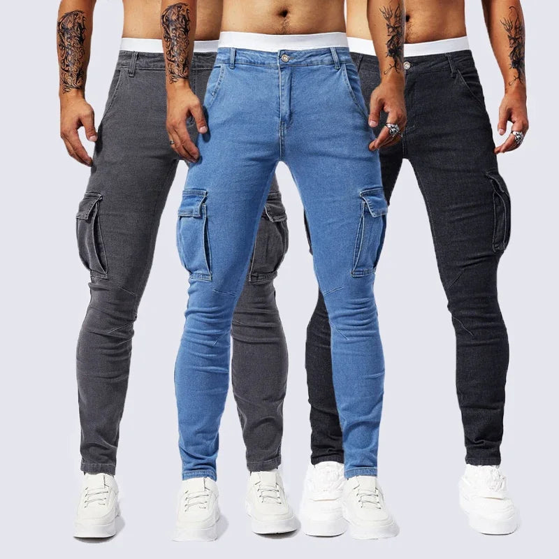 Slim Fit Large Pocket Jeans Cargo Pants for Men Fashionable Casual Hip